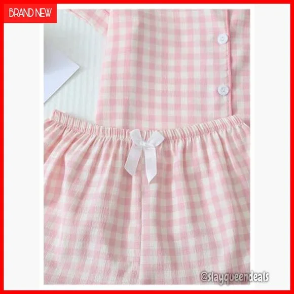 Women's Plaid Pajama Set Short Sleeve Button Down Shirt Shorts Loungewear